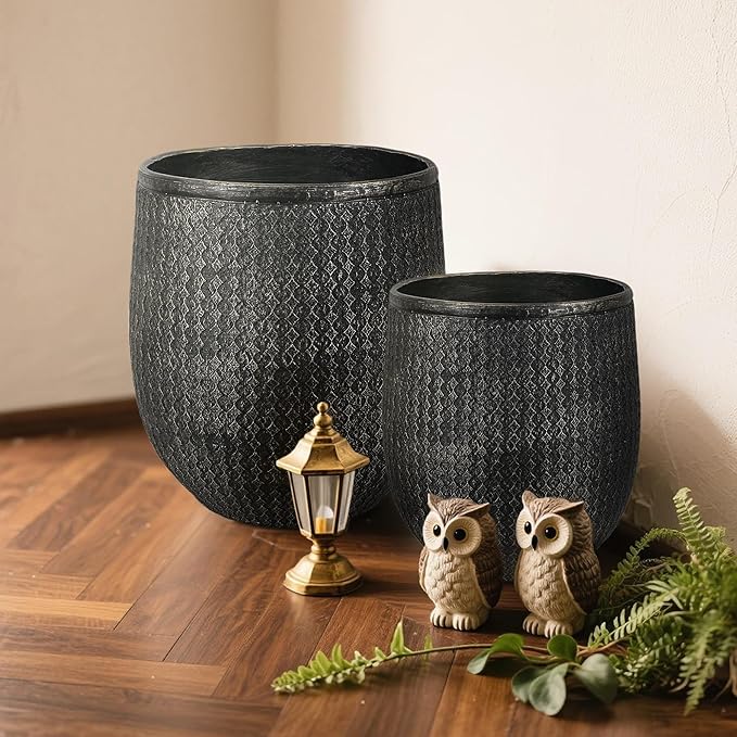 Worth Garden 12" Dia x 15" H Round Planter – Lightweight Magnesium Oxide Cement Plant Pot with Texture – Raised Pattern Concrete Look – Drainage Hole – Indoor & Outdoor Use - Black Gold