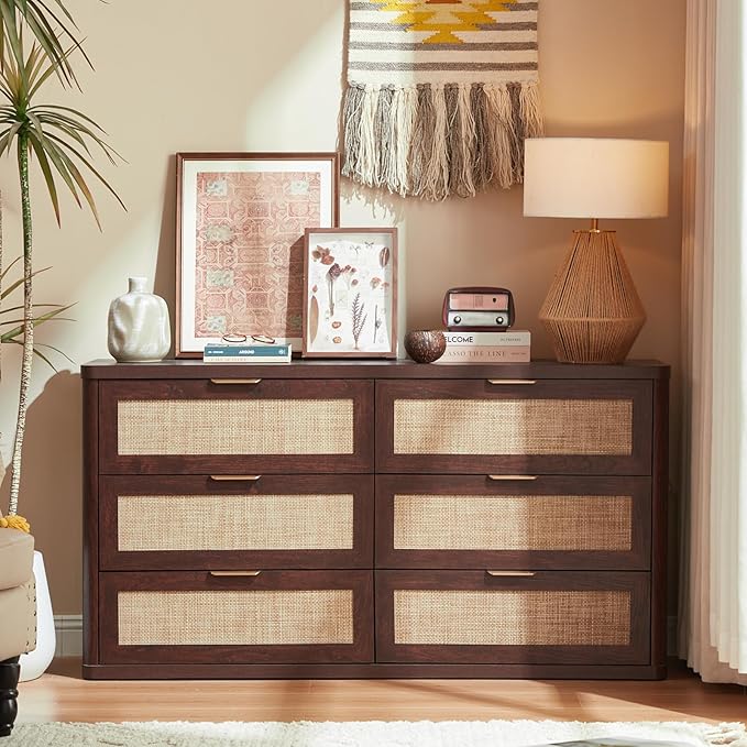LEYAOYAO Rattan 6 Drawer Dresser for Bedroom, 54" Wide Boho Chest of Drawers, Wooden Dressers TV Stand with Metal Handle, Storage Closet Organizer for Living Room, Hallway, Walnut