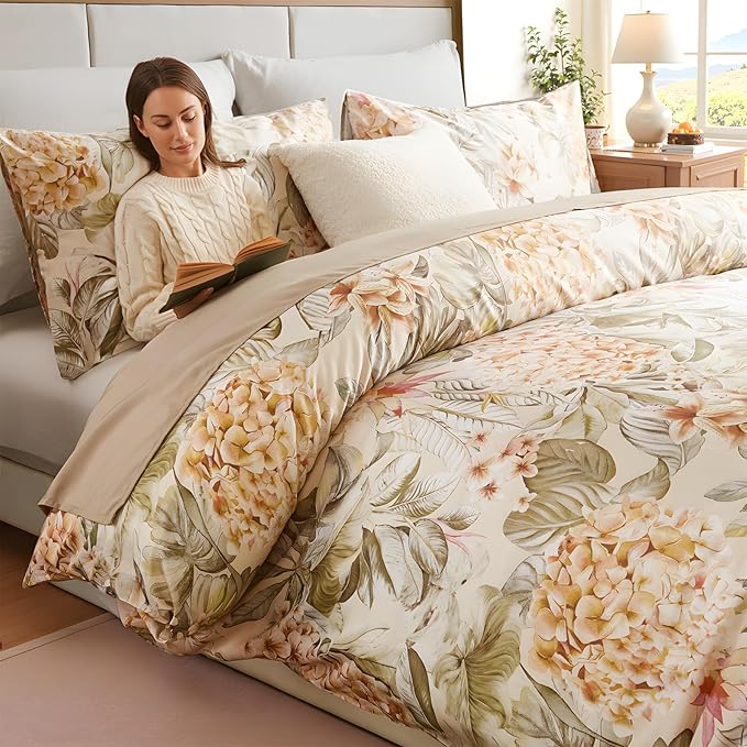100% Cotton Duvet Cover Queen Size – Hydrangea Lily Floral Duvet Cover Set with Zipper Closure & Corner Ties, 3-Piece Silky Soft & Breathable Apricot Bedding Set for All Seasons