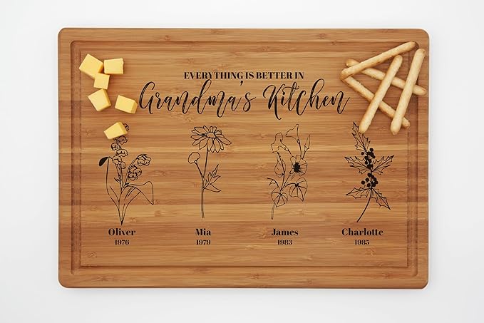 Personalized Birth Flower Cutting Board, Mom or Grandma, Custom Mom Gifts for Christmas, Mother’s Day, Birthday from Daughter, Son, Grandkids, Personalized Birth Month Flower Mothers Garden Gifts