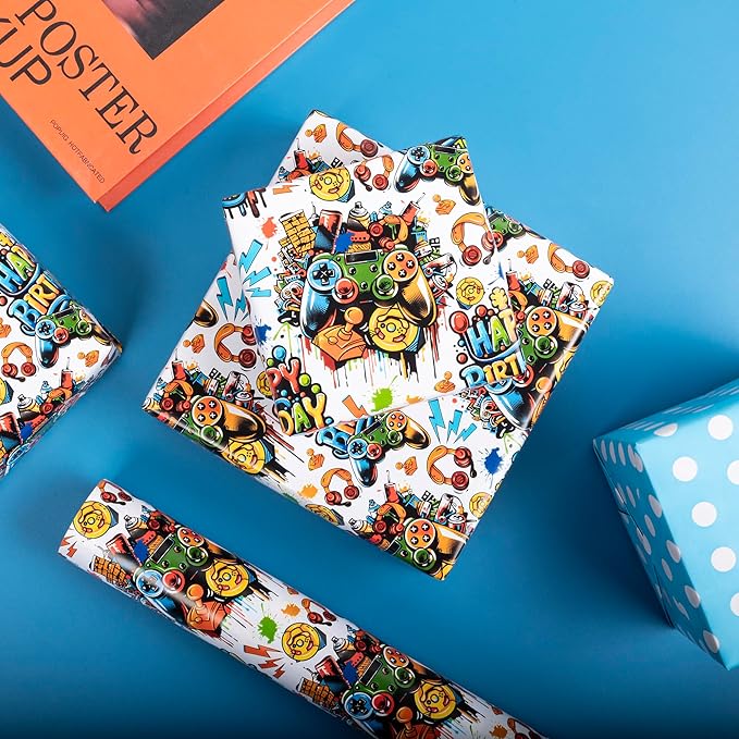 Altarho Reversible Birthday Gaming Wrapping Paper Roll - 17 Inch x 33 Feet - Video Game Birthday Gift Wrap for Game Lover Party