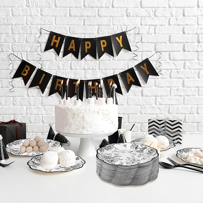 100 Pieces Black Floral Paper Plates 9 Inches Disposable Black and White Flower Scalloped Plates Vintage Floral Dinner Dessert Decorative Plate for Wedding Baby Shower Birthday Party Supplies