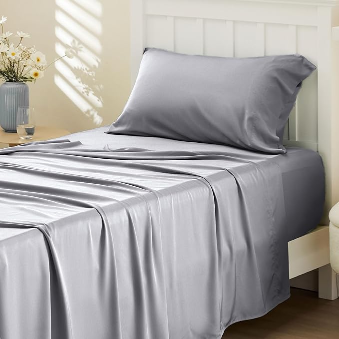Bedsure Cooling Sheets Twin XL, Rayon Derived from Bamboo, Breathable & Soft Twin XL Sheet Sets, Deep Pocket Up to 16 Inches, Hotel Luxury Silky Dorm Bedding for Hot Sleepers, Silver Grey