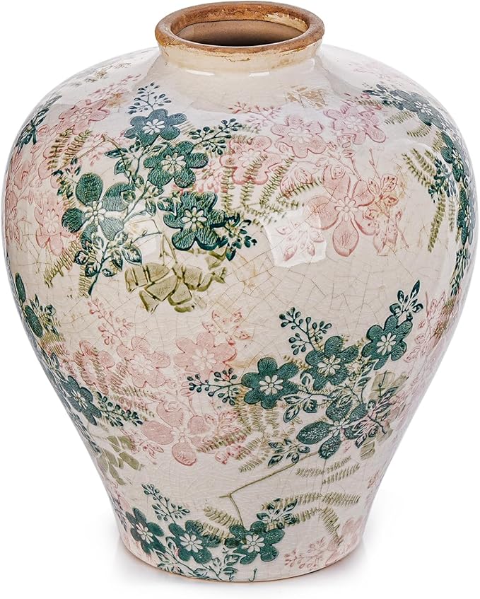 Sungmor Vintage Ceramic Flower Vase - 9.4 Inch Retro Ice Cracked Glaze Chinoiserie Vase, Rustic Farmhouse Home Décor Accent for Dried Flowers, Greenery - Table Centerpieces, Shelf, Mantel Decor