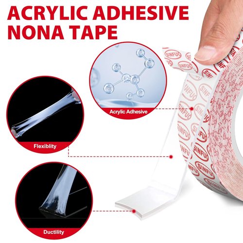 Sinfuo Heavy-Duty Double-Sided Tape - Removable Nano Adhesive for Picture Hanging | 22 Ft Clear Strips