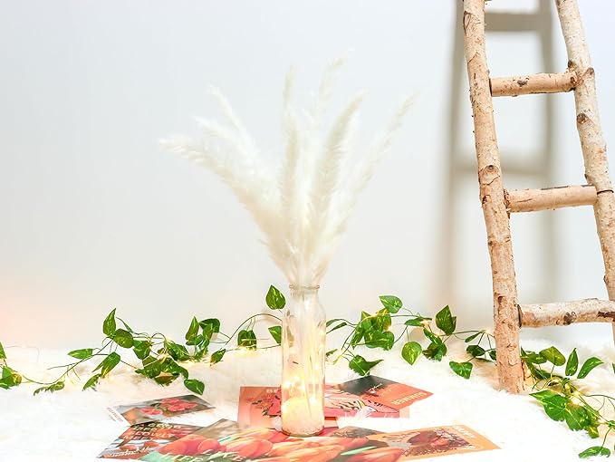 White Pampas Grass in Glass Vase with LED Lights & Faux Crystals, Dried Flowers Modern Floral Centerpiece for Home Decors Living Room Office Wedding Boho Farmhouse Table Decor