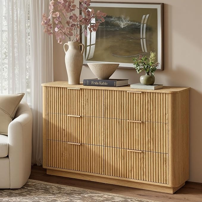 win2win 6 Drawer Dresser, Mid Century Modern Dresser with Storage, 47" Wide Fluted Chest of Drawers with Faux Marble Top, Dressers TV Stand, Drawers Organizer for Bedroom, Living Room, Hallway, Oak