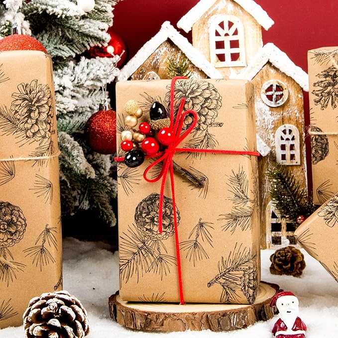 Yarcony Kraft Christmas Wrapping Paper, Pine Cone Wrapping Paper, Recycled Thick Forest Autumn Pine Cones, Botanical Brown Christmas Gift Wrap for Holiday, Thanksgiving Natural (17 Inch X 33 Feet)