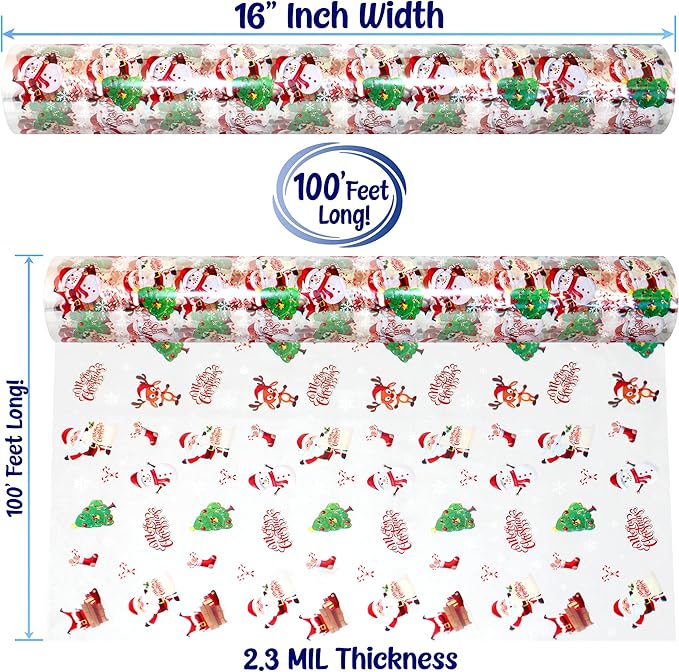 AnapoliZ Christmas Cellophane Wrap Roll | 100’ Ft Long X 16” in. Wide | 2.3 Mil Crystal Clear Merry Christmas Cellophane | Gifts, Baskets, Treats Wrapping Paper | Santa, Snowman, Reindeer Cello Roll