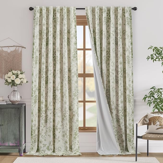 jinachan Blackout Curtains Linen Blend Floral Curtain for Living Room 96 Inch Length Christmas Sage Green Flower Printed with Lined Blackout Drapes for Bedroom Farmhouse Curtains Set 2 Panels