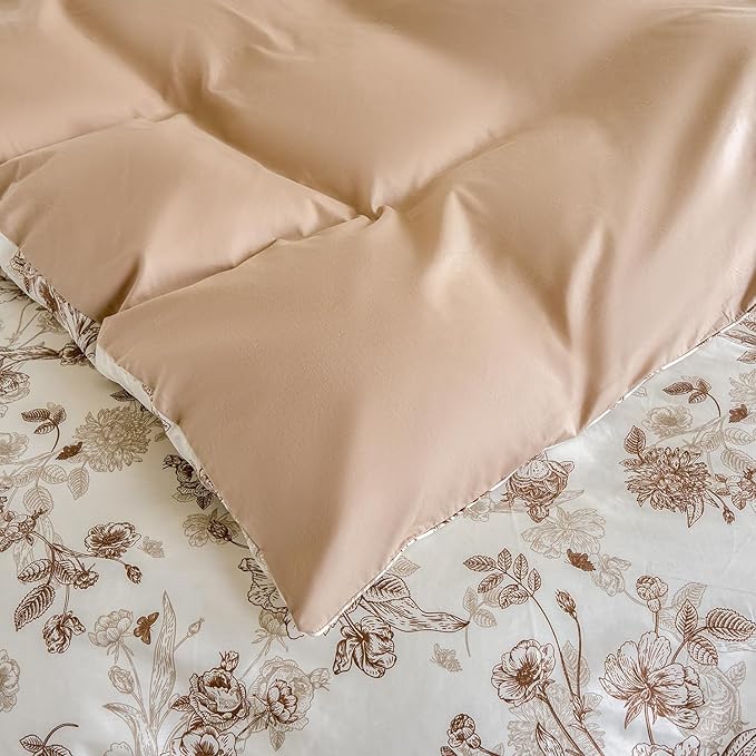 Brown Floral Duvet Cover Set 100% Percale Cotton Queen Size Shabby Vintage Toile Flower Printed Comforter Covers with Zipper, Soft & Breathable French Country Bedding 3Pcs-Not Comforter