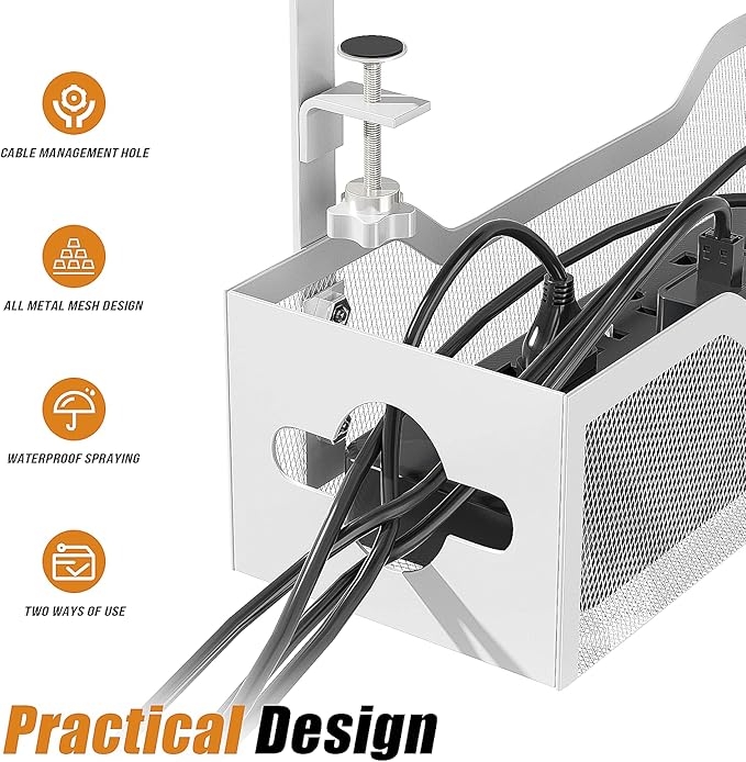 Under Desk Cable Management Tray 24.8", Quszmd Cable Organizer No Drill, Standing Cord Organizer and Wire Management Tray - No Damage to Desk, White