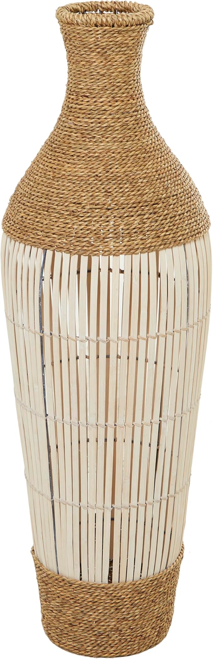 Deco 79 Seagrass Handmade Decorative Vase Wrapped Tall Floor Centerpiece Vase with Cream Slatted Bamboo Center, Vase for Home Decoration 13" x 13" x 40", Brown