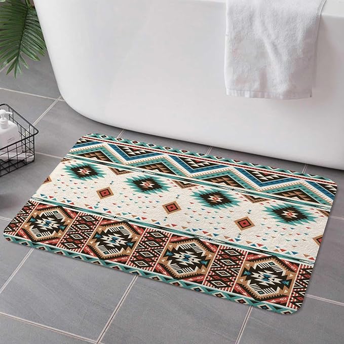 Aztec Bath Rugs for Bathroom,Southwestern Native Tribal Navajo American Ethnic Pattern Western Boho Triangular Non Slip Flannel Bathroom Rug, Dry Fast Water Absorbent Bath Mats, 17x29 Inc