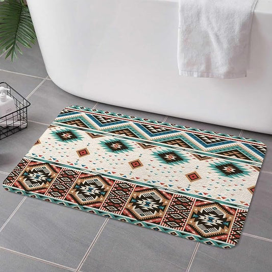 Aztec Bath Rugs for Bathroom,Southwestern Native Tribal Navajo American Ethnic Pattern Western Boho Triangular Non Slip Flannel Bathroom Rug, Dry Fast Water Absorbent Bath Mats, 17x29 Inc