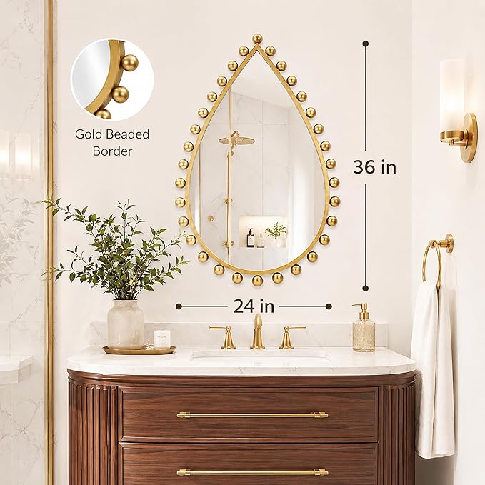 Antique Gold Teardrop Mirror Unique with Ball Frame – 24"x36" Beaded Large Decorative Ornate Wall Mirror for Bathroom, Bedroom, Living Room, Hallway