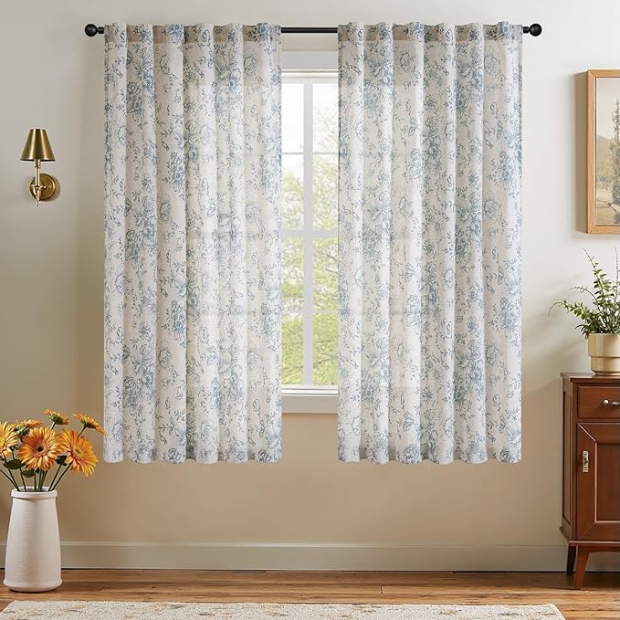 jinchan Linen Blend Curtain Floral Curtains for Living Room 63 Inch Length Blue Printed Curtain Rod Pocket Back Tab Farmhouse Peony Flower Patterned Drapes Bedroom Window Curtains Set 2 Panels