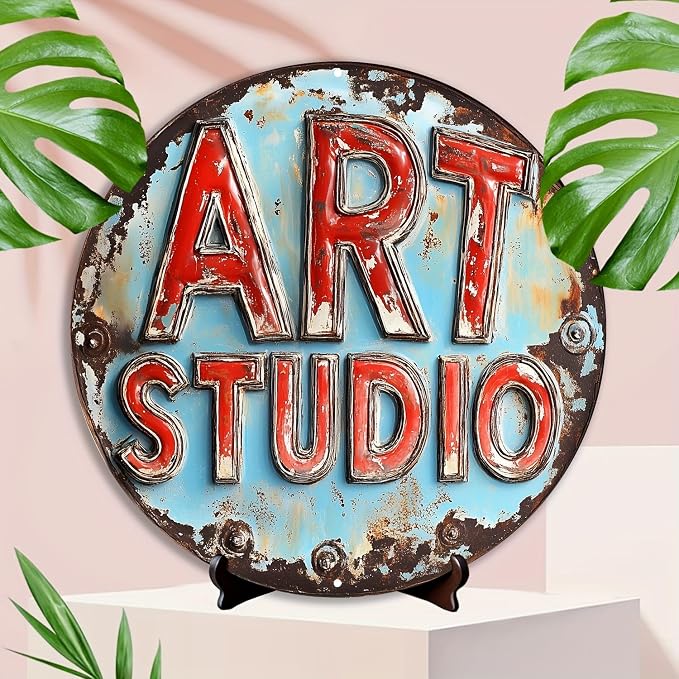 Room Decor 1pc Vintage Art Studio Metal Sign, Frameless Aluminum Wall Decor, 8x8 inches, Waterproof & Weather Resistant, with Pre-Drilled Holes for Easy Mounting, Living Room, Garage