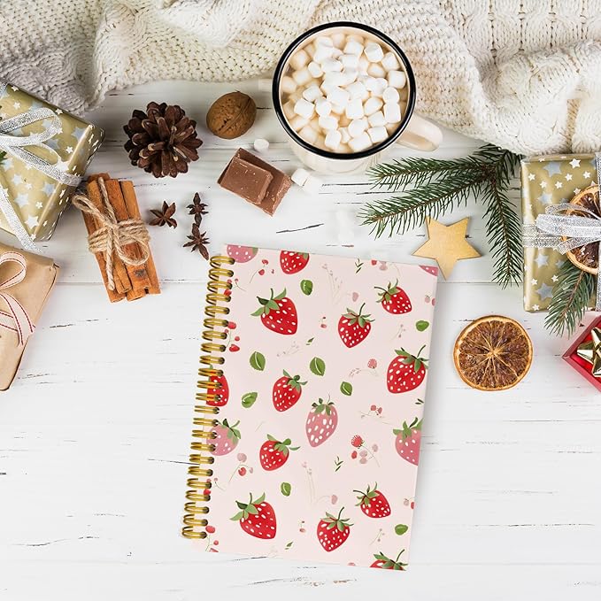 JKMBN Cute Strawberry Journaling Notebooks, Preppy Pink Spiral Notebook, Pink Office Supplies, Cute Notebooks for Women Girls, Hardcover Spiral Notebooks College Ruled 5.5 x 8.3