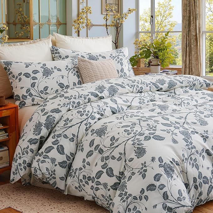 Bedding_Dreamer Comforter Set King Size Botanical Leaf Comforters 100% Cotton Comforter Blue Floral Bedding Sets Soft Breathable 3 Pcs