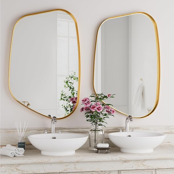 Irregular Wall Mirror 55"x28" Bathroom Mirrors Asymmetrical Artistic Decorative for Living Room Bedroom Bathroom Hallway Entryway,Trapezoid,Gold