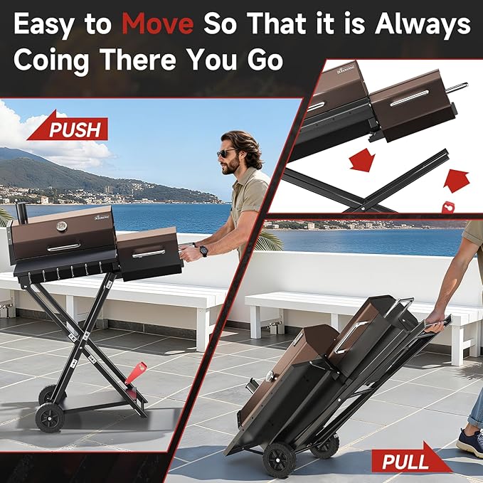 kscocinaBBQ Portable Charcoal Grill with Smoking Function, Foldable Suitcase Design with Wheels, Multi-Tier Storage Rack & Waterproof Cover for Outdoor BBQ Parties (Khaki)