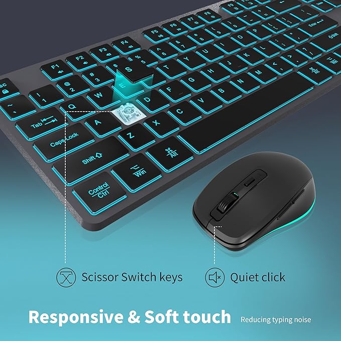 Backlit Wireless Keyboard and Mouse Combo, Rechargeable Quiet 2.4G Cordless USB Slim Full Size for Apple iMac, MacBook, laptop and PC, Space Gray
