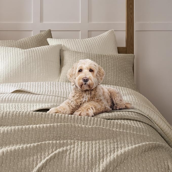 Levtex Home Cross Stitch Reversible Twin XL/Twin Quilt Set (68x86in) with 1 Pillow Sham (26x20in) - Stitch Texture - Taupe - Cotton Twin/Twin Size Quilt Bedding Set - Lightweight, Soft, Pre-Washed