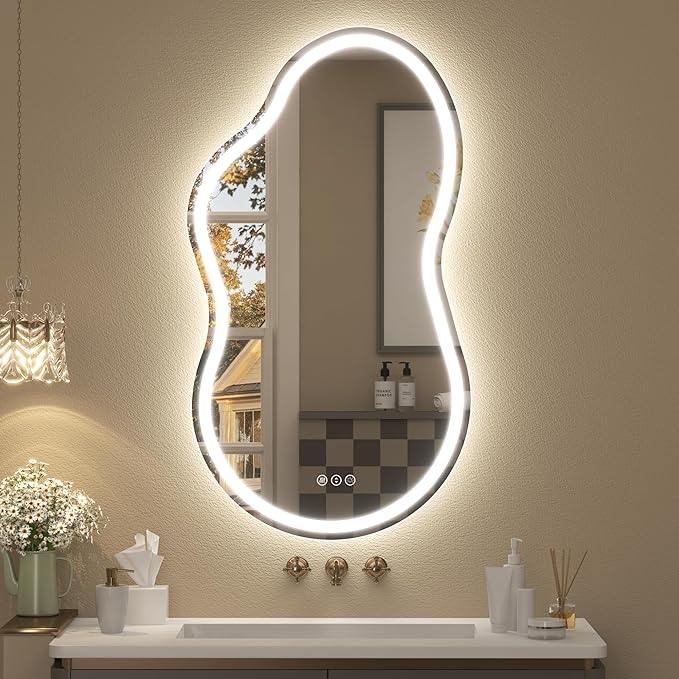 Irregular Backlit Bathroom Mirror with Lights 20x36 Inch, Asymmetrical Cloud-Shaped Led Lighted Vanity Mirror, Fogless, Dimmable, Shatterproof, Memory (Horizontal/Vertical)