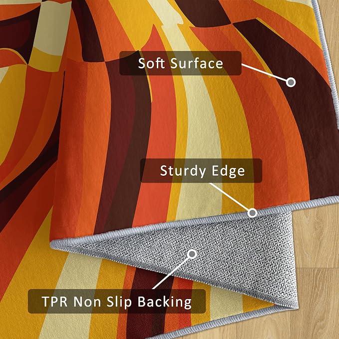 70s Retro Rugs 6x8, Orange Brown Abstract Washable 6 x 8 Area Rug for Living Room, Bedroom, Low Pile Non Slip Stain Resistant Carpet, 70s Orange Home Decor Accessories & M834