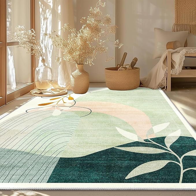 MUJOO 5x7 Area Rugs for Bedroom Living Room,Boho Washable Rug Non Slip Throw Carpet for Office Dining Room Indoor Mid Century Modern Abstract Botanical Geometric Accent Green