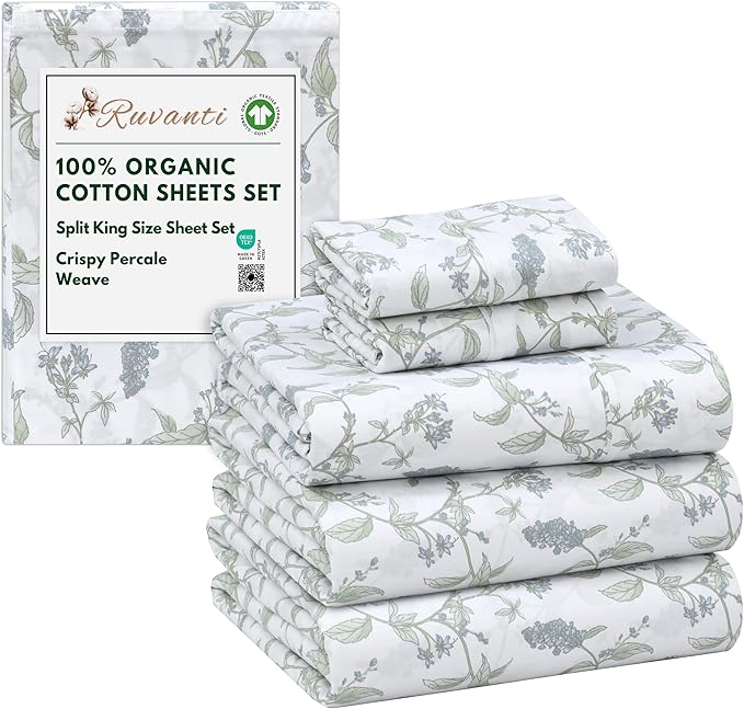 RUVANTI 100% Organic Cotton Sheets Split King, Percale Weave, GOTS Certified, 5-Piece Set, Deep Pocket 15", Crisp & Breathable, Soft Durable Bedding, Sábanas Algodón Orgánico – Vine Yard