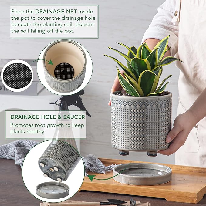 Indoor-Outdoor Ceramic Plant Pots: 6 Inch Flower Pots with Drainage Hole & Saucer - Decorative Ceramic Pots for Plants Herbs Succulents - Home Garden Patio Lawn Use