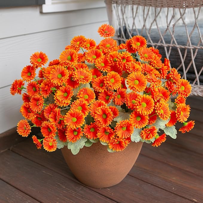 HyeFlora Dahlia Artificial Winter Flowers for Outdoors Christmas Decoration, 6 Bundles Fake Daisy Orange Faux Plants Realistic UV Resistant Silk Flowers for Outside Planter Front Door Yard Garden