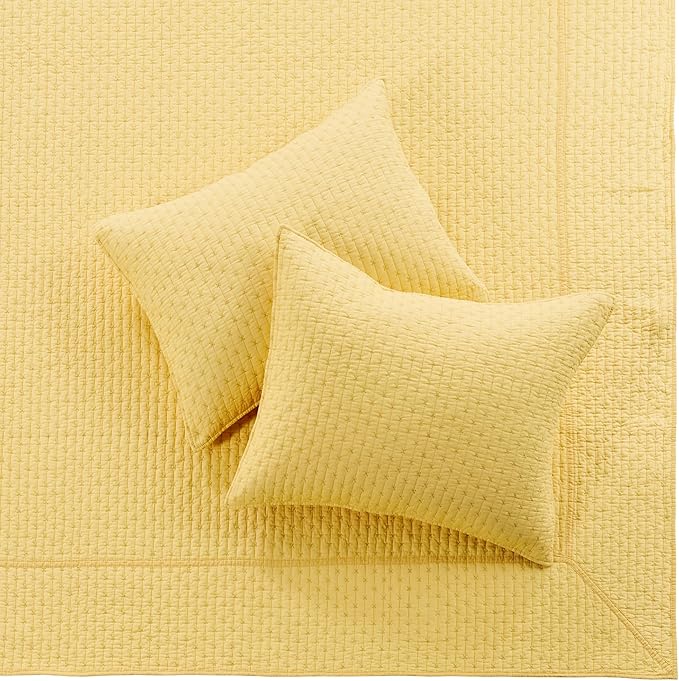 Levtex Home Cross Stitch Reversible King Bedspread Set (120x104in) with 2 Pillow Shams (36x20in) - Stitch Texture - Yellow - Cotton King Size Bedspread Set - Soft, Pre-Washed