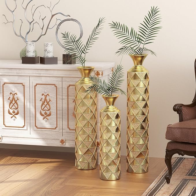 Tall Floor Vase Large Vintage Modern Set Oversized Metal Vases for Decor Living Room Gold Decorative (3D Triangle)