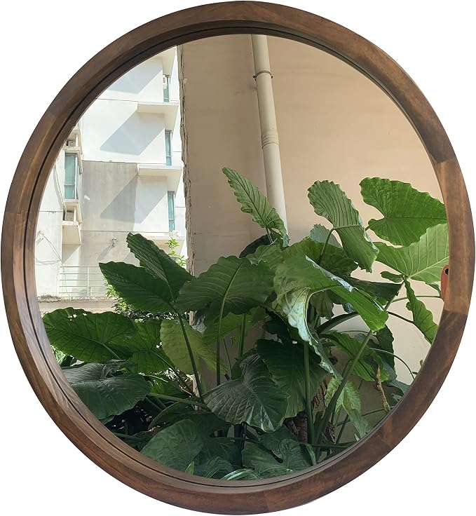 23.6 Inch Round Wall Mirror for Bathroom Large Circle Vanity Mirror for Wall Decor-Wooden Frame for Entryway Bedroom Living Room(Two-Tone Brown)