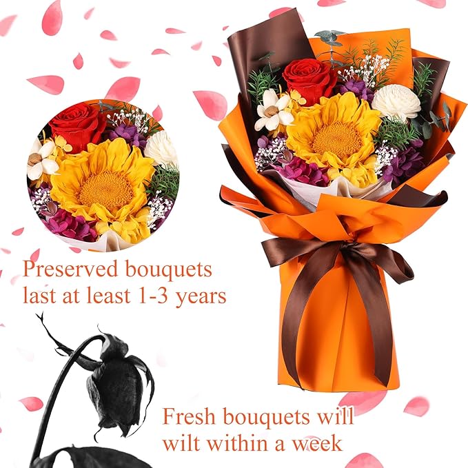 Jtoder Forever Flowers for Delivery, Preserved Flower Bouquets, Long Lasting Orange Sunflower Roses, Gifts Bouquet for Mother Wife Girlfriend on Festivals Birthday Anniversary