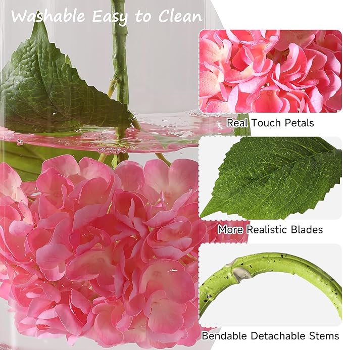 4Pcs Hydrangea Artificial Flowers, 22.44" Real Touch Latex Faux Hydrangea with Long Stems & Leaves for Home Office Decor or Wedding, Party, Centerpieces, Floral Arrangements (White&Pink)