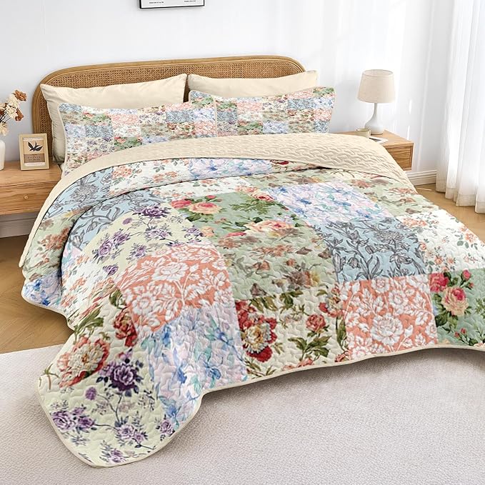 Quilt Set Twin Size, Vintage Patchwork Floral 2 Pcs Soft Bed Cover Bedding Set, Boho Mid Century Lightweight Bedspread Coverlet with Pillow Sham for All Season