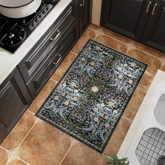 AMTOVO 2x3 Washable Entryway Area Rug Door Mat, Vintage Boho Floral Distressed Print Non-Slip Carpet, Small Throw Rug for Indoor Entrance Kitchen Bedroom Bathroom Laundry Floor, Black
