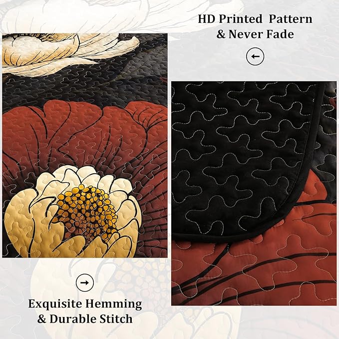 Dintszyayue Black Quilt Set Queen, 3 Pieces Red Floral Bedspreads Lightweight Coverlet Set for All Seasons, Reversible Quilted Printed Bedding Set with 2 Pillow Shams