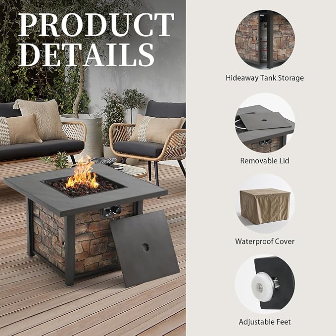 YATEMATE 36'' Propane Gas Fire Pit Table, Sintered Stone Tabletop & Polyresin Stone Look Panel, 50000 BTU Gas Fire Pit for Outside Patio and Garden, with Metal Lid & Lava Rocks