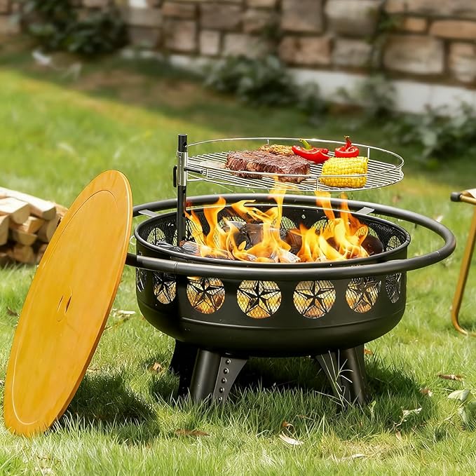 Verdeluxe 32 Inch Fire Pit with Swivel Cooking Grate,3-in-1 Wood Burning Firepit with Grill,Outdoor Fire Pits Table with Metal Lid and Poker for Outside Patio Backyard BBQ Bonfire Camping (32 Inch)