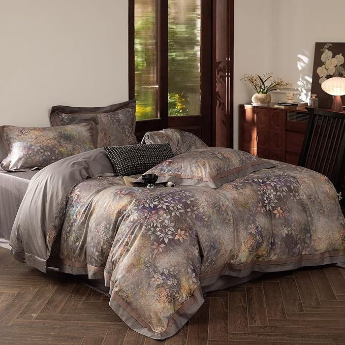 mixinni Vintage Floral Duvet Cover Set - King Size, 100% Long Staple Cotton Percale, Reversible Purple Floral Bedding Set with Zipper Closure, 3-Piece Luxury Duvet Cover with 2 Pillow Shams (20"x36")