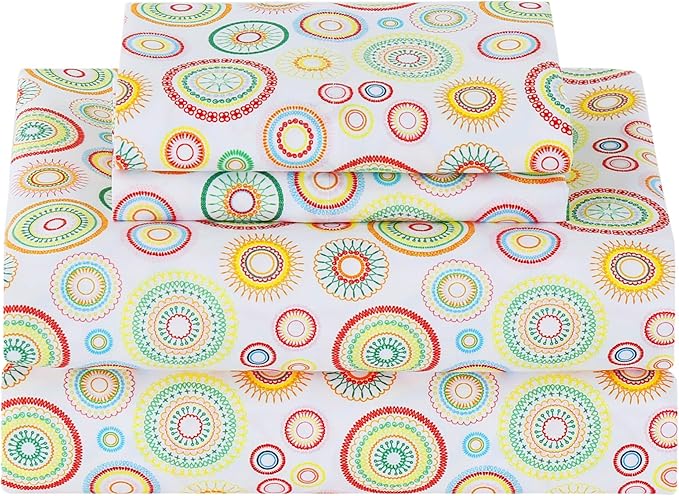 Softan Mandala Printed Full Sheet Set, 4-Piece Microfiber Fitted Sheet with 15" Deep Pockets & Non-Slip Straps, Geometric Patterned Double Bedding Sheets & Pillowcase Set