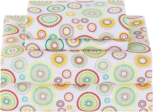 Softan Mandala Printed Full Sheet Set, 4-Piece Microfiber Fitted Sheet with 15" Deep Pockets & Non-Slip Straps, Geometric Patterned Double Bedding Sheets & Pillowcase Set