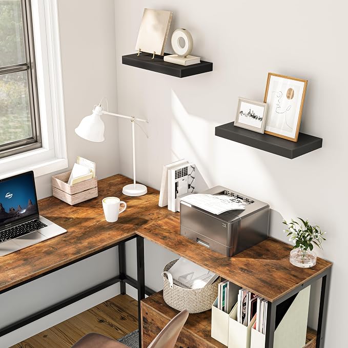 HOOBRO Floating Shelves for Wall, Wall Mounted Shelf Set of 2, 15.7" Hanging Shelf with Invisible Brackets, for Wall Decor Storage in Bathroom Bedroom Kitchen Living Room Office, Black BK40BJ01