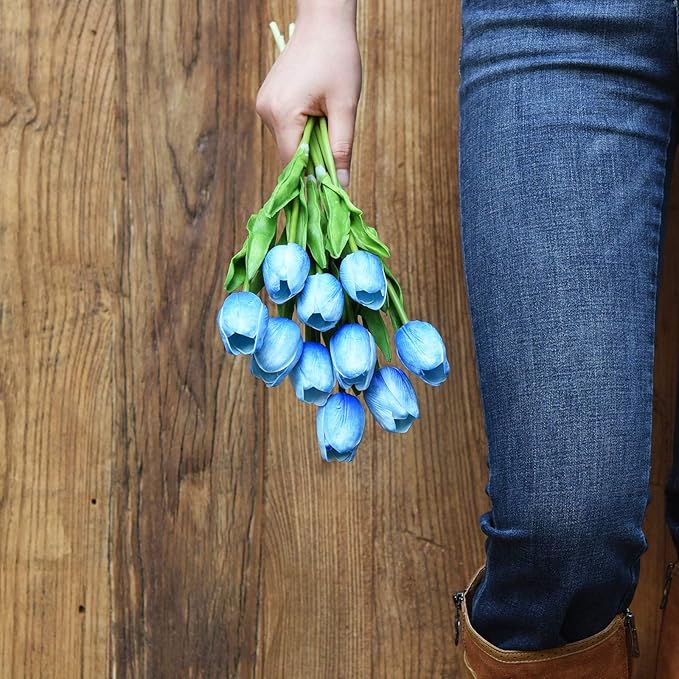 FiveSeasonStuff Real Touch Tulips Artificial Flowers – 15 Stems Faux Tulip Bouquet in Gift Box for Wedding, Home Decor, Party, Floral Arrangements (Maya Blue)