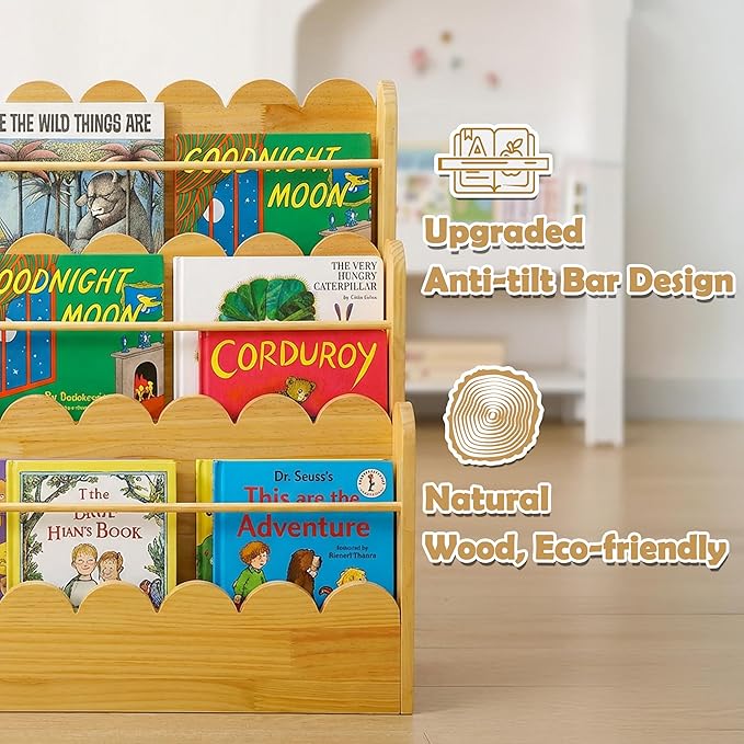 Scalloped Design | 3-Tier Montessori Solid Wood Kids Bookcase | 29.6" Wide Toddler Storage Shelf | Easy Access Floor Display Furniture for Playroom/Nursery
